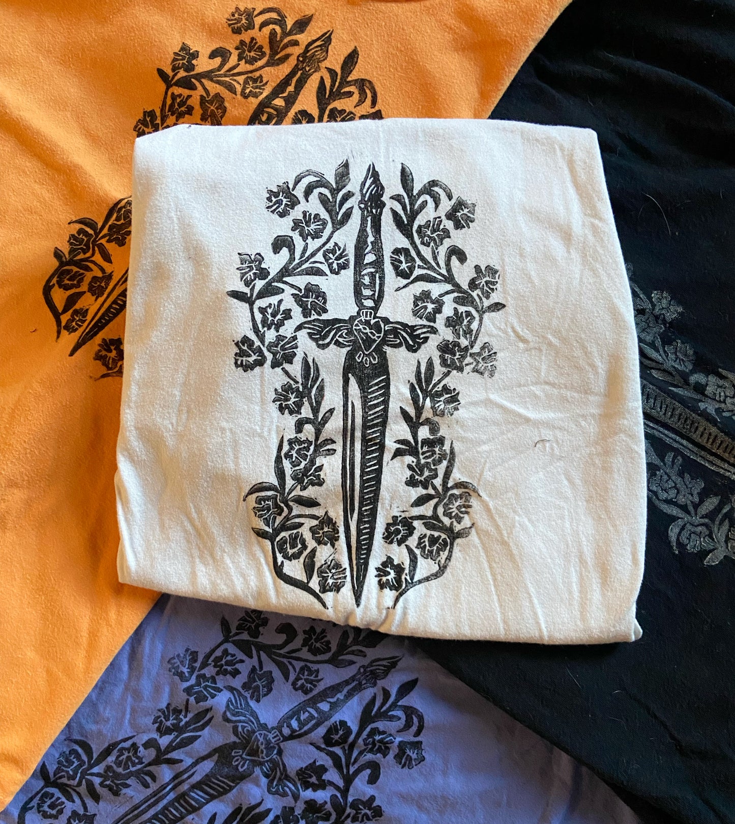 Sword Lino Block Design on Thrifted Clothing