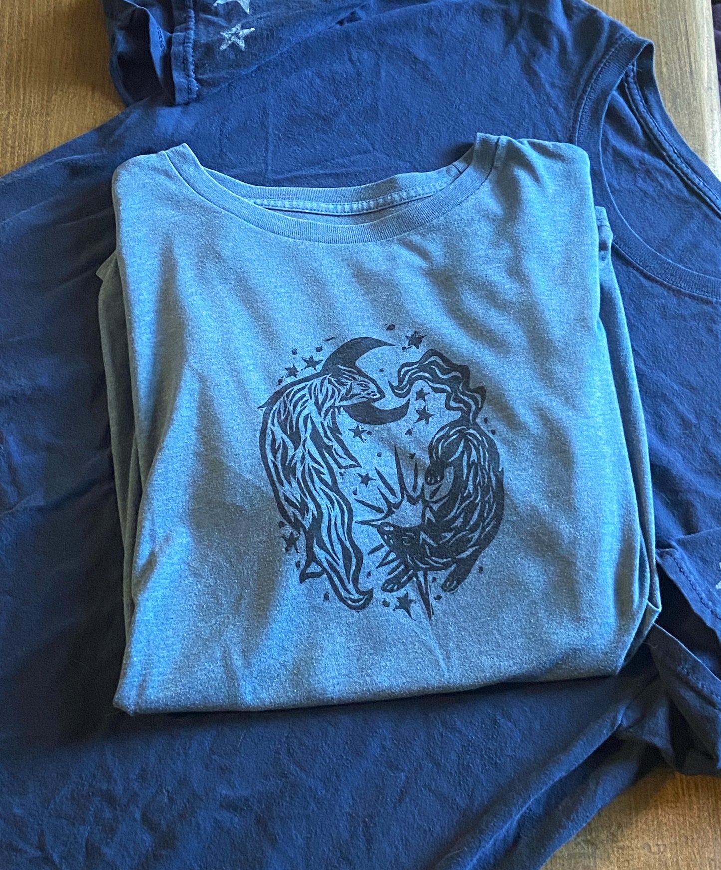 Moon and Star Wolf Lino Block Design on Thrifted Clothing