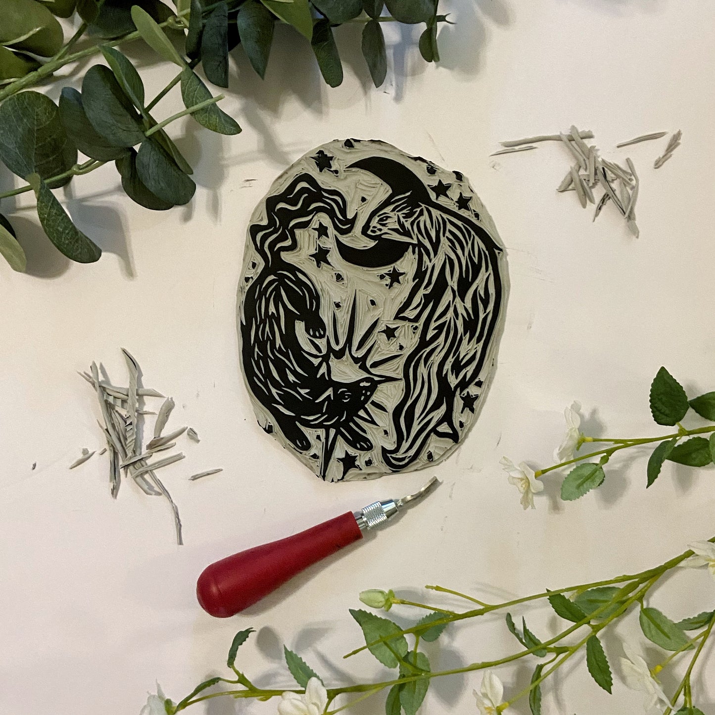 Moon and Star Wolf Lino Block Design on Thrifted Clothing