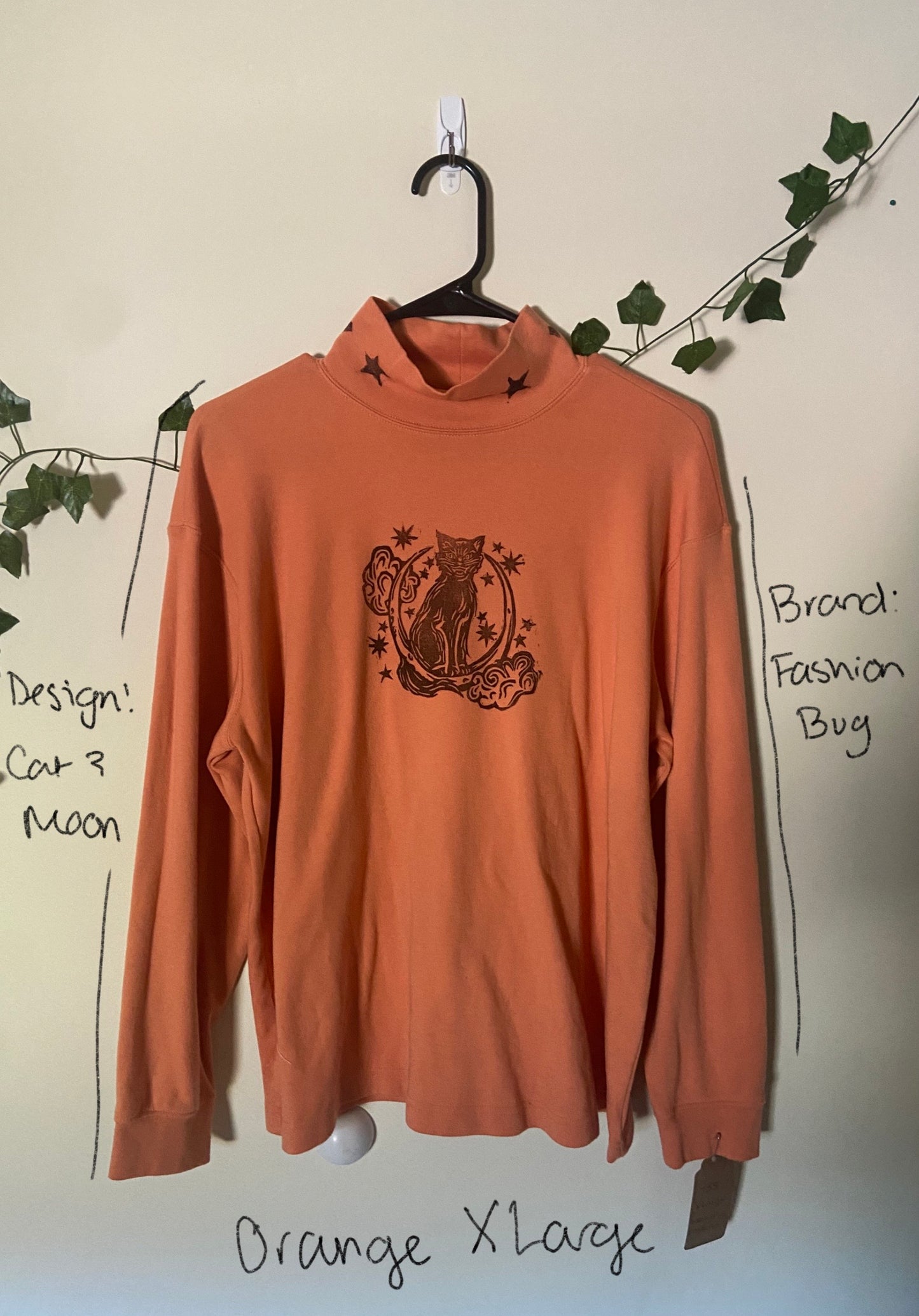 Cat and Moon Lino Block Design on Thrifted Clothing