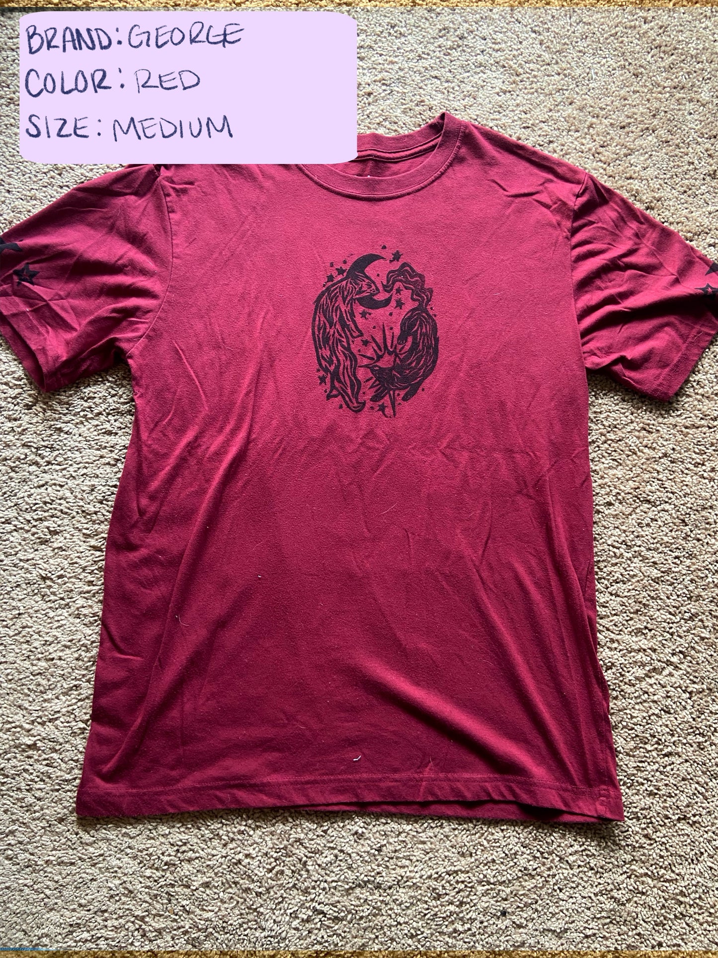 Moon and Star Wolf Lino Block Design on Thrifted Clothing