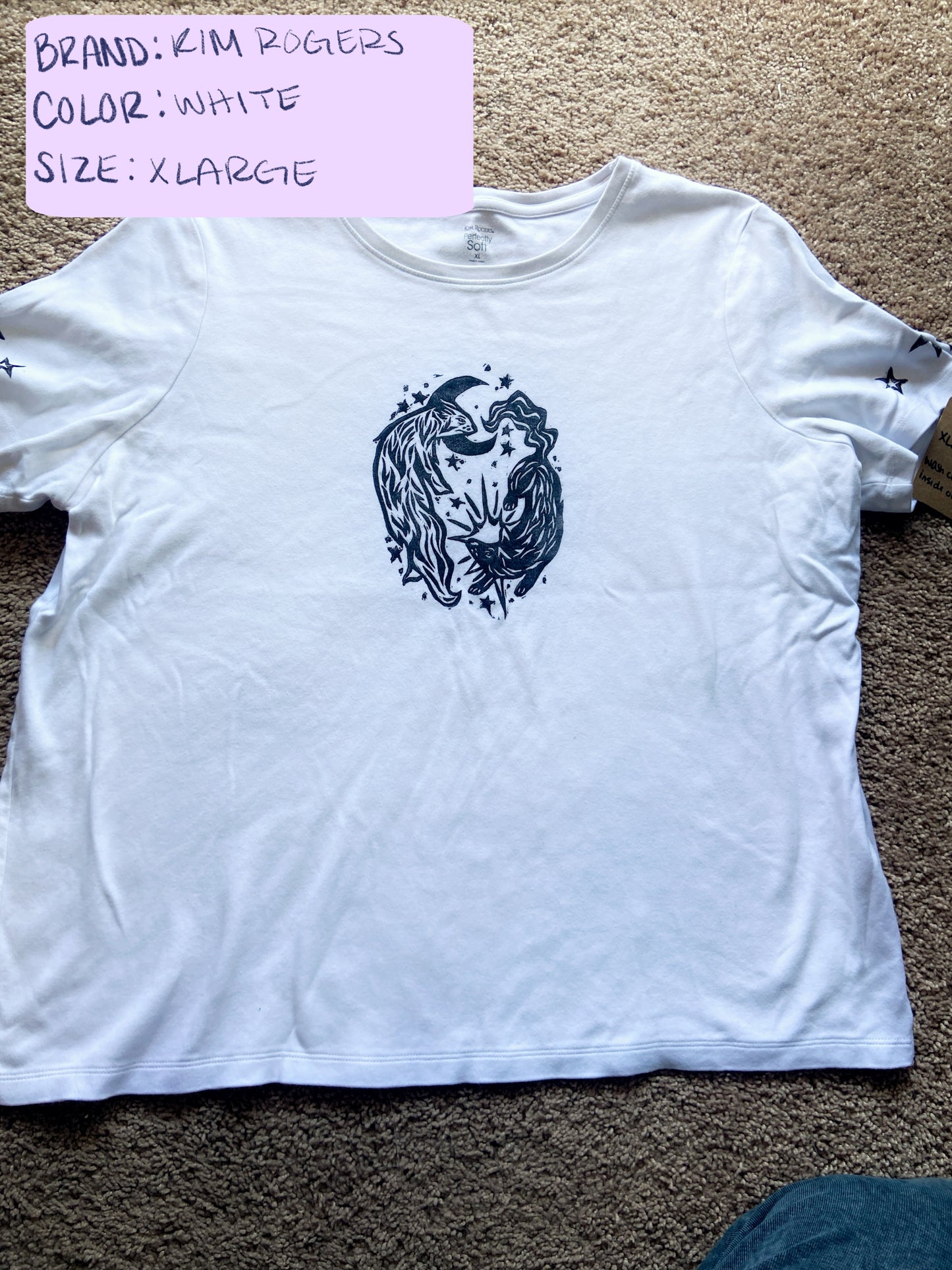 Moon and Star Wolf Lino Block Design on Thrifted Clothing