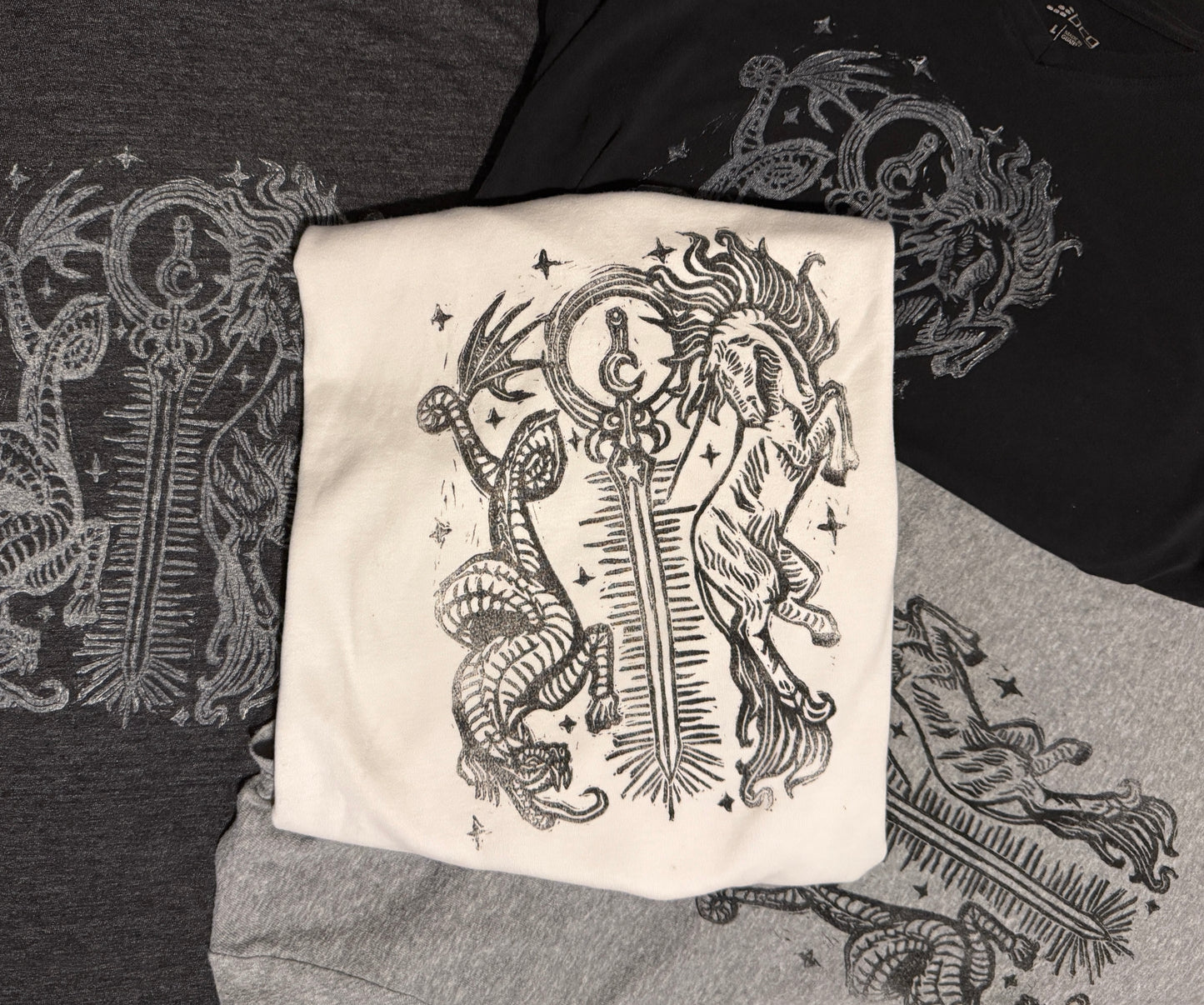 Medieval Unicorn and Dragon Lino Block Design on Thrifted Clothing