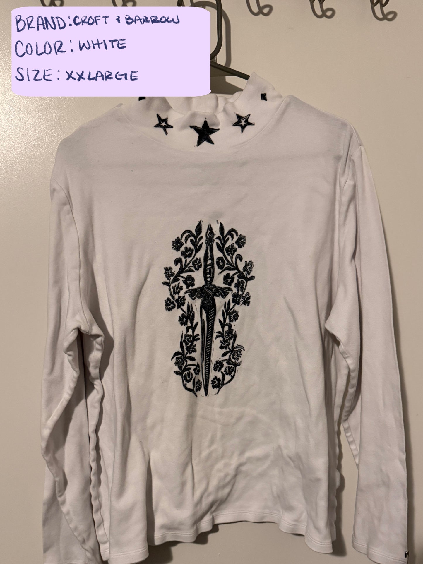 Sword Lino Block Design on Thrifted Clothing